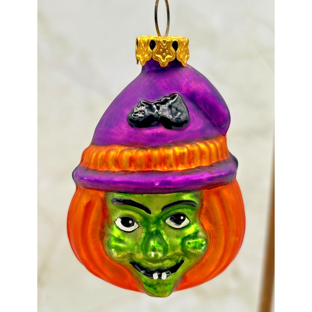 Department 56 Green Witch Purple‎ Bat Glitter Blown Glass Ornament Halloween